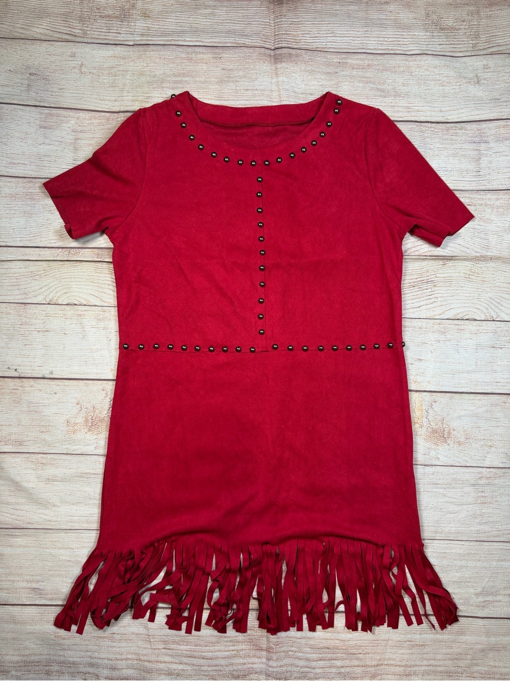 Western Festival Red Faux Suede Studded Fringe Short Sleeve Dress